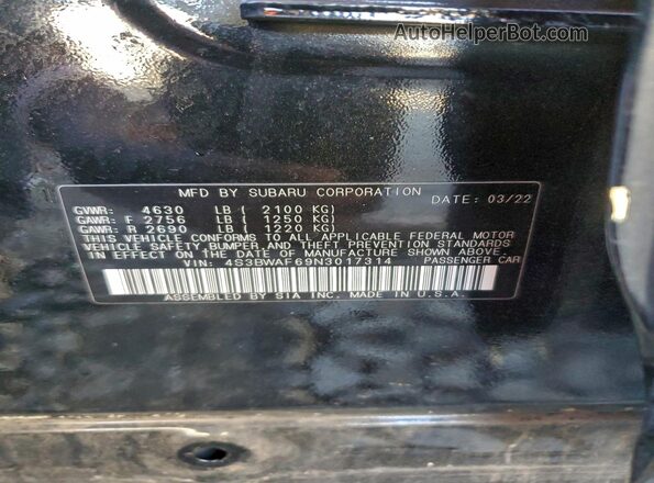 4S3BWAF69N3017314 2022 SUBARU LEGACY Black Widok komory silnika