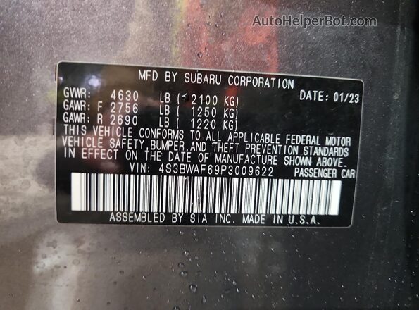 4S3BWAF69P3009622 2023 SUBARU LEGACY Charcoal ძრავის განყოფილების ხედი