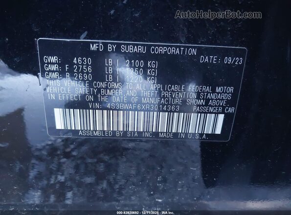 4S3BWAF6XR3014363 2024 SUBARU LEGACY Black Vista del compartimento del motor
