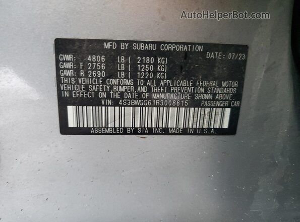 4S3BWGG61R3008615 2024 SUBARU LEGACY Gray Widok naklejki z numerem VIN