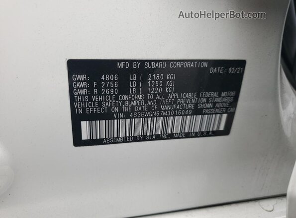4S3BWGN67M3016049 2021 SUBARU LEGACY White Vista de la etiqueta del VIN