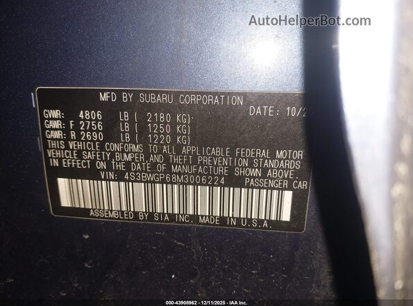 4S3BWGP68M3006224 2021 SUBARU LEGACY Blue Engine compartment view