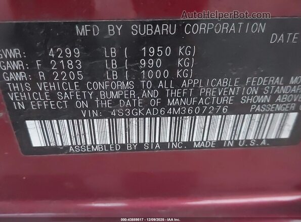 4S3GKAD64M3607276 2021 SUBARU IMPREZA Red ძრავის განყოფილების ხედი