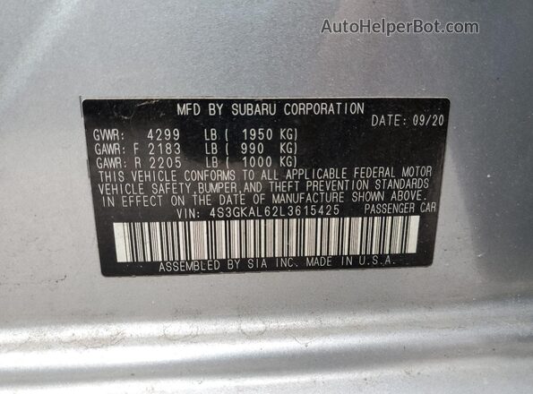 4S3GKAL62L3615425 2020 SUBARU IMPREZA Silver Вид підкапотного простору