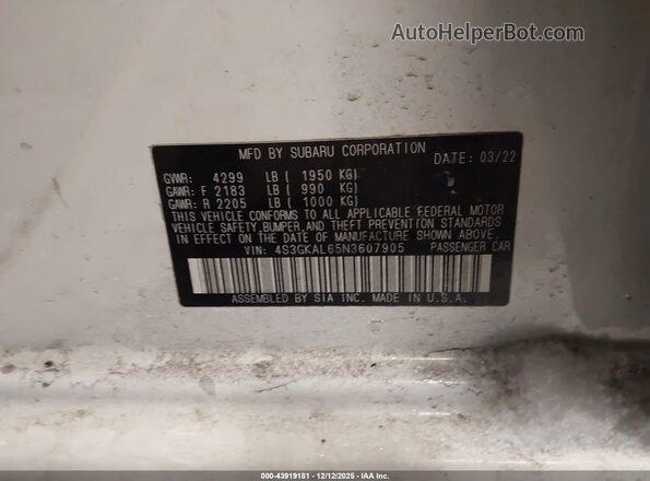 4S3GKAL65N3607905 2022 SUBARU IMPREZA White 