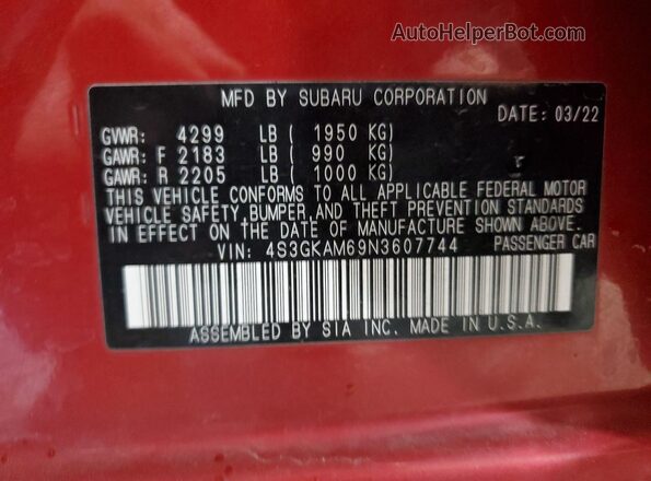 4S3GKAM69N3607744 2022 SUBARU IMPREZA Red Вид наклейки з VIN-кодом