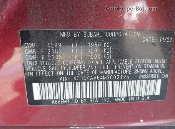 4S3GKAV64M3602125 2021 SUBARU IMPREZA Red Vista del compartimento del motor