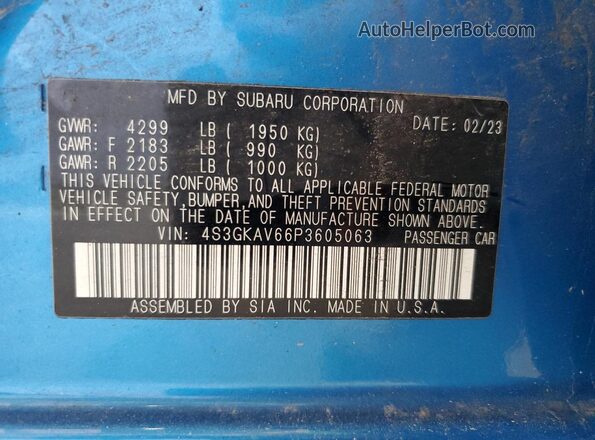 4S3GKAV66P3605063 2023 SUBARU IMPREZA Синий Вид наклейки с VIN-кодом