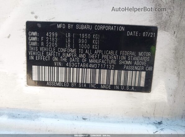 4S3GTAB64M3717132 2021 SUBARU IMPREZA White ძრავის განყოფილების ხედი