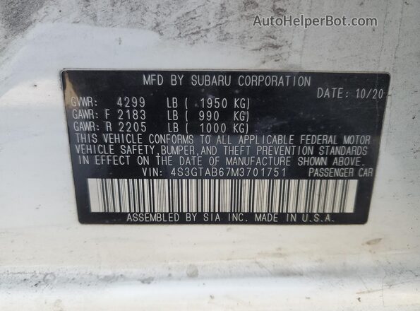 4S3GTAB67M3701751 2021 SUBARU IMPREZA White VIN კოდის სტიკერის ხედი