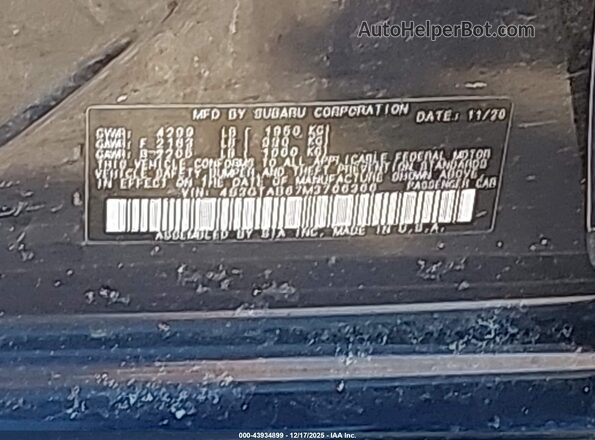 4S3GTAB67M3706366 2021 SUBARU IMPREZA Dark Blue Вид підкапотного простору