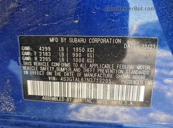 4S3GTAL67N3713205 2022 SUBARU IMPREZA Синий Вид наклейки с VIN-кодом