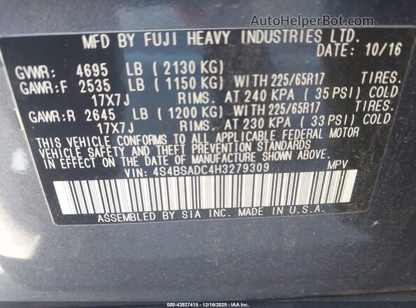 4S4BSADC4H3279309 2017 SUBARU OUTBACK Gray Շարժիչի բաժամունքի տեսք