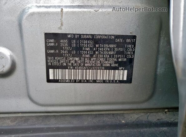 4S4BSAFC1J3220236 2018 SUBARU OUTBACK Silver 