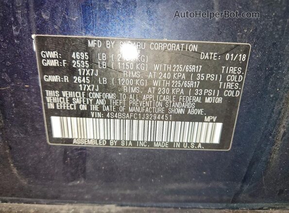 4S4BSAFC1J3294451 2018 SUBARU OUTBACK Blue Vista de la etiqueta del VIN