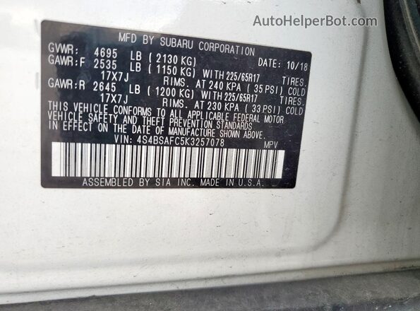 4S4BSAFC5K3257078 2019 SUBARU OUTBACK White Սալոնի 360 աստիճան տեսք