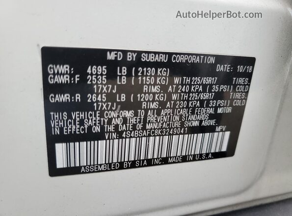 4S4BSAFC8K3249041 2019 SUBARU OUTBACK White Вид наклейки з VIN-кодом