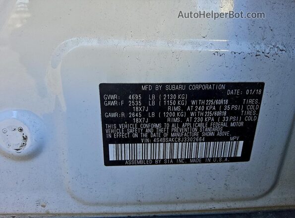 4S4BSAKC8J3302664 2018 SUBARU OUTBACK White Vista del compartimento del motor