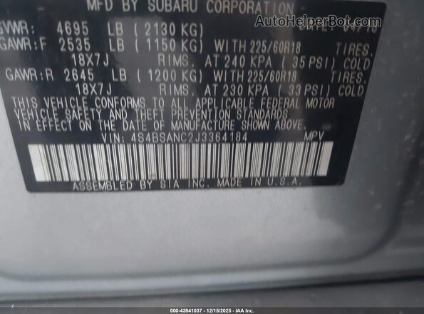 4S4BSANC2J3364184 2018 SUBARU OUTBACK Light Blue 