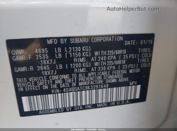 4S4BSATC8K3291648 2019 SUBARU OUTBACK White Вид підкапотного простору