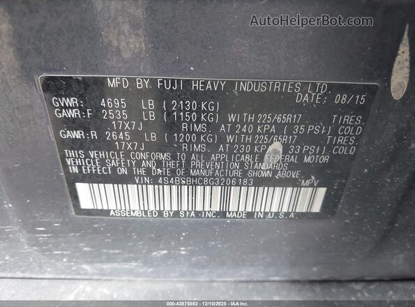 4S4BSBHC8G3206183 2016 SUBARU OUTBACK Gray ძრავის განყოფილების ხედი