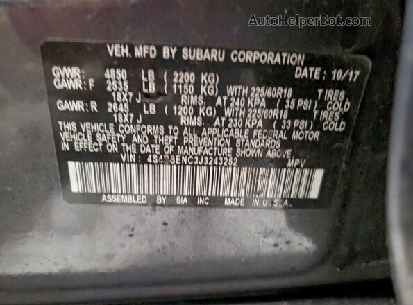 4S4BSENC3J3243252 2018 SUBARU OUTBACK Gray Вид наклейки з VIN-кодом
