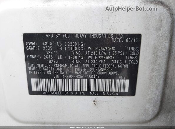 4S4BSENC5G3356404 2016 SUBARU OUTBACK Белый Вид подкапотного пространства