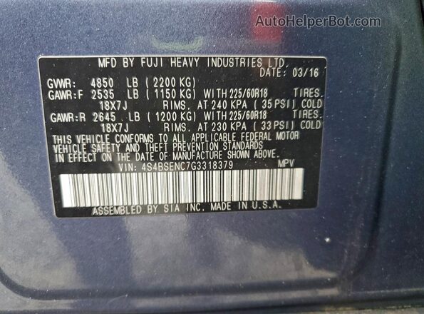 4S4BSENC7G3318379 2016 SUBARU OUTBACK Синий Вид наклейки с VIN-кодом