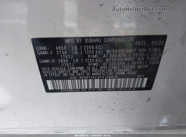 4S4BTAAC0P3138818 2023 SUBARU OUTBACK Белый Вид подкапотного пространства