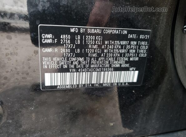 4S4BTADC0M3199366 2021 SUBARU OUTBACK Black Vista de la etiqueta del VIN