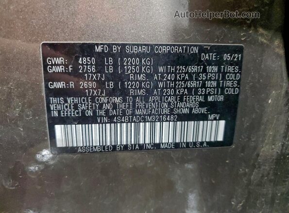 4S4BTADC1M3216482 2021 SUBARU OUTBACK Tan VIN կոդի պիտակի տեսք