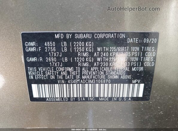 4S4BTADC8M3106870 2021 SUBARU OUTBACK Green 