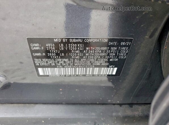 4S4BTADC8N3137358 2022 SUBARU OUTBACK Gray Вид наклейки з VIN-кодом