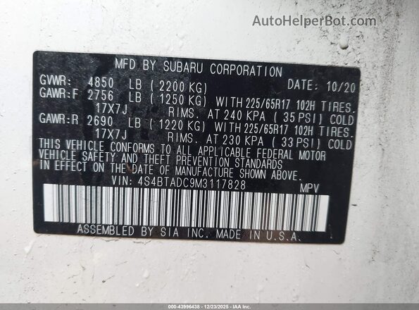 4S4BTADC9M3117828 2021 SUBARU OUTBACK White Engine compartment view