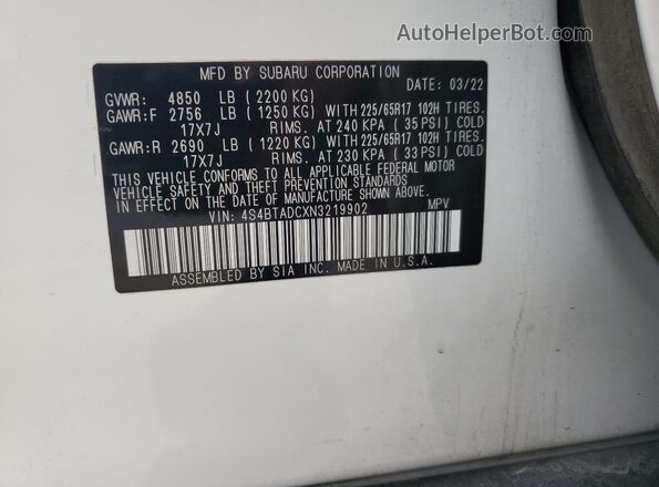 4S4BTADCXN3219902 2022 SUBARU OUTBACK White 360 interior view