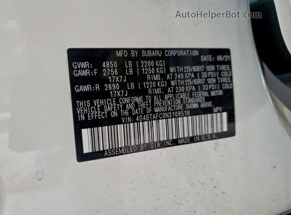4S4BTAFC0N3109518 2022 SUBARU OUTBACK White VIN կոդի պիտակի տեսք