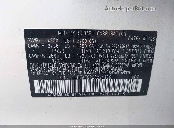 4S4BTAFC2S3211186 2025 SUBARU OUTBACK Белый Вид подкапотного пространства
