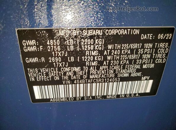4S4BTAFC5R3124053 2024 SUBARU OUTBACK Blue VIN sticker view