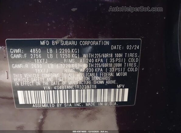 4S4BTANC1R3239718 2024 SUBARU OUTBACK Burgundy ძრავის განყოფილების ხედი
