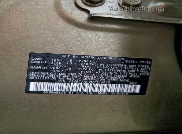 4S4BTANC2M3154038 2021 SUBARU OUTBACK Green Vista de la etiqueta del VIN