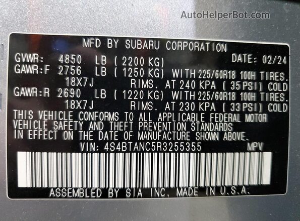 4S4BTANC5R3255355 2024 SUBARU OUTBACK Silver Вид наклейки з VIN-кодом