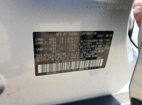 4S4BTANC7L3250892 2020 SUBARU OUTBACK Silver Engine compartment view