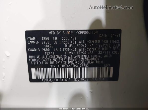 4S4BTANC9M3173752 2021 SUBARU OUTBACK White Widok komory silnika