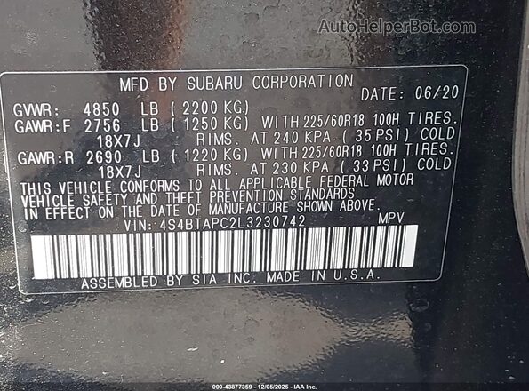 4S4BTAPC2L3230742 2020 SUBARU OUTBACK Черный Вид подкапотного пространства