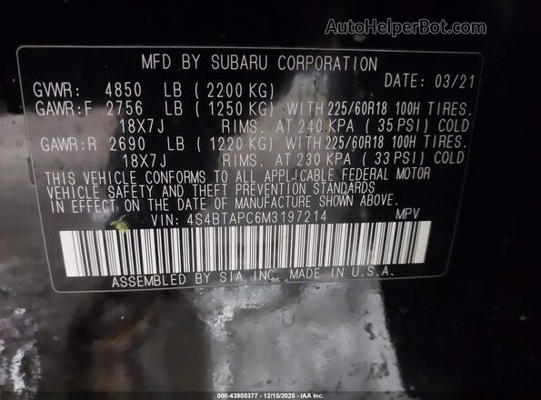 4S4BTAPC6M3197214 2021 SUBARU OUTBACK Black Вид підкапотного простору