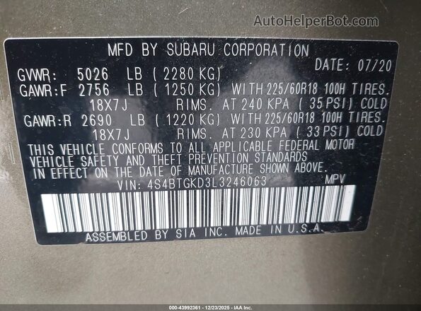 4S4BTGKD3L3246063 2020 SUBARU OUTBACK Green Շարժիչի բաժամունքի տեսք