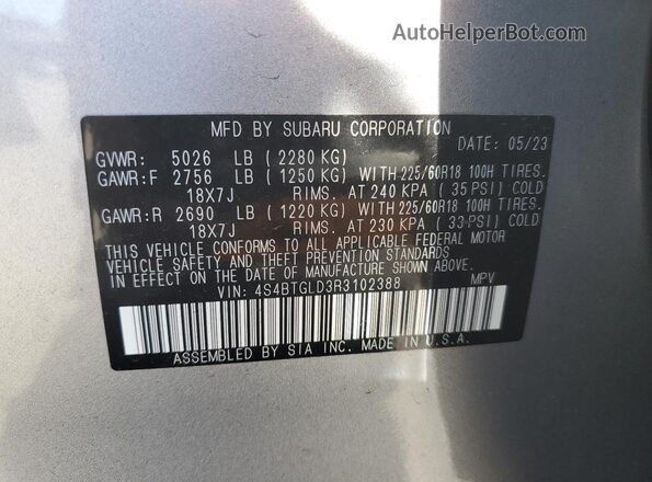4S4BTGLD3R3102388 2024 SUBARU OUTBACK Серебряный Панорамный вид салона 360°