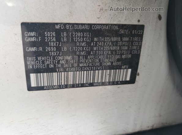 4S4BTGLDXN3187451 2022 SUBARU OUTBACK White Вид наклейки з VIN-кодом