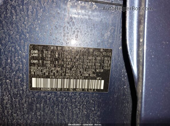 4S4BTGPD3N3197524 2022 SUBARU OUTBACK Blue Engine compartment view