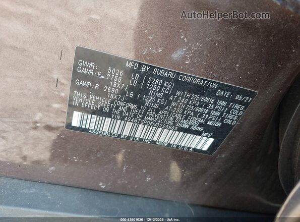 4S4BTGPD6M3220860 2021 SUBARU OUTBACK Brown Вид підкапотного простору